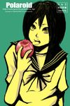  apple bad_id bad_pixiv_id bow copyright_request food fruit holding holding_food holding_fruit junta_(polaroid) monochrome school_uniform serafuku solo 