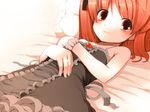  bare_shoulders dress flat_chest fuyuno_mikan hands jewelry lying on_back original red_eyes red_hair ring smile solo wristband 