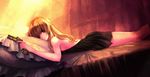  bad_id bad_pixiv_id bare_shoulders bed blonde_hair dress gun hair_over_one_eye long_hair lying on_stomach original pillow purple_eyes solo sugimo weapon 