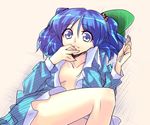  banned_artist blue_eyes blue_hair fork hair_bobbles hair_ornament hands hat kawashiro_nitori open_clothes open_shirt shirt short_hair sketch solo suisen touhou twintails two_side_up 