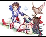  ainu_clothes bird bow brown_hair buriki hawk konril lying mamahaha multiple_girls nakoruru red_bow rimururu samurai_spirits siblings sisters sitting 