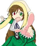  brown_hair cim dress foreshortening heterochromia long_hair open_mouth pointing rozen_maiden simple_background solo suiseiseki very_long_hair 