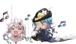  1girl albino blue_hair chibi dancing eating flute hat instrument itto_maru lolita_fashion long_hair pink_hair rat ribbon the_pied_piper_of_hamelin transparent_background twintails 