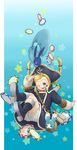  aqua_background bad_id bad_pixiv_id binoculars blonde_hair blue_eyes blue_footwear boots braid child falling hat knee_boots long_hair mieu one_eye_closed patty_fleur pirate_hat poker_chip quickie smile tales_of_(series) tales_of_eternia tales_of_the_abyss tales_of_vesperia twin_braids twintails yasuu! 