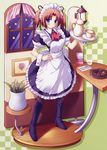  boots copyright_request cup faux_figurine food fork glass highres knee_boots knife ko~cha maid maid_headdress pantyhose red_hair solo tray twintails vase window 
