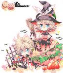  1girl bad_id bad_pixiv_id blonde_hair blue_eyes broom brother_and_sister candy chibi ciel1533 fang food food_themed_hair_ornament hair_ornament halloween hat jack-o'-lantern kagamine_len kagamine_rin mushroom pumpkin pumpkin_hair_ornament short_hair siblings sitting smile twins vocaloid white_background witch_hat 