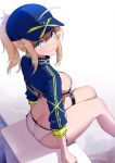  1girl ahoge artoria_pendragon_(fate) ashino_moto ass baseball_cap bikini blonde_hair blue_eyes blue_headwear blue_jacket blush breasts cropped_jacket fate/grand_order fate_(series) grin hair_between_eyes hair_through_headwear hat highres jacket large_breasts long_hair long_sleeves looking_at_viewer looking_back mysterious_heroine_xx_(fate) ponytail shrug_(clothing) sidelocks sitting smile solo swimsuit thighs white_bikini 