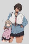  2girls black_choker blonde_hair blue_eyes brown_hair cardigan choker dark-skinned_female dark_skin grey_background height_difference highres kei_(m_k) m_k multiple_girls necktie original pink_cardigan red_eyes rika_(m_k) school_uniform short_hair simple_background single_thighhigh standing tall_female tan thighhighs tomboy yuri 