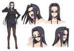 adjusting_eyewear black_hair character_sheet collarbone concept_art cropped expressions formal grey_eyes hair_intakes hand_on_hip high_heels jacket long_hair md5_mismatch monster_musume_no_iru_nichijou ms._smith multiple_views necktie official_art pantyhose pencil_skirt side_slit simple_background skirt skirt_suit smile suit sunglasses white_background 