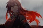  1boy asch_(tales) black_shirt echo_(circa) floating_hair from_side frown green_eyes grey_sky hair_between_eyes hair_down long_sleeves looking_at_viewer looking_to_the_side male_focus overcast rain red_hair shirt sky solo tabard tales_of_(series) tales_of_the_abyss upper_body water 