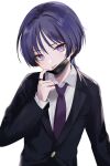  1boy absurdres black_jacket black_mask black_suit genshin_impact hair_between_eyes highres jacket long_sleeves looking_at_viewer male_focus mask mouth_mask necktie purple_eyes purple_hair purple_necktie rrr_gns_(riuriu_1212) scaramouche_(genshin_impact) shirt short_hair smile solo suit tongue tongue_out white_background white_shirt 