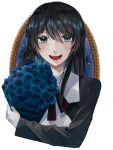  1girl ado_(utaite) black_bow black_bowtie black_hair black_jacket blue_eyes blue_flower blue_hair blue_rose blush bouquet bow bowtie braid chando_(ado) cloud_nine_inc colored_inner_hair commentary_request cropped_torso flower french_braid gloves hair_between_eyes highres holding holding_bouquet jacket long_sleeves looking_at_viewer mole mole_under_eye multicolored_hair open_mouth rose shirt sidelocks simple_background solo spica_(spica5f9ea0) teeth twitter_username two-tone_hair upper_body utaite white_background white_gloves white_shirt 