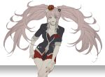  1girl :d bear_hair_ornament black_bra black_necktie black_shirt blonde_hair bow bra breasts closed_mouth collarbone cropped_legs crown danganronpa:_trigger_happy_havoc danganronpa_(series) enoshima_junko grey_eyes grey_necktie hair_ornament highres large_breasts long_hair looking_at_viewer miniskirt nail_polish necktie pleated_skirt red_bow red_nails red_skirt shirt short_sleeves simple_background skirt smile solo teeth twintails underwear white_background yochilyee 