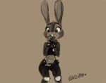 anthro brown_background buckteeth butt_from_the_front clothed clothing disney eyelashes female judy_hopps kisomuro knee_pads lagomorph leporid mammal monochrome police_uniform rabbit simple_background solo teeth uniform wide_hips zootopia