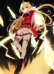  1girl ahoge blonde_hair blood blood_on_clothes blood_on_face blood_on_hands hair_intakes highres hikikomari_kyuuketsuki_no_monmon long_hair long_sleeves magic nary red_eyes red_uniform sword terakomari_gandezblood thighhighs vampire weapon 