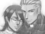  2boys aged_up bixuehuangsha cassock clerical_collar closed_eyes closed_mouth couple cross_scar doctor glasses greyscale hair_slicked_back head_on_another&#039;s_shoulder kawabuchi_sentarou looking_at_viewer male_focus medium_hair monochrome multiple_boys nishimi_kaoru portrait priest sakamichi_no_apollon scar scar_on_cheek scar_on_face short_hair smile yaoi 