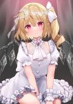  1girl absurdres alternate_costume ascot blonde_hair buttons crystal_wings diamond_button flandre_scarlet frilled_skirt frills hair_ribbon highres puffy_short_sleeves puffy_sleeves red_eyes ribbon shirt short_sleeves skirt smile solo touhou usushio white_ascot white_ribbon white_shirt white_skirt wrist_cuffs 