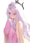  1girl absurdres ajoe_(hakuha_k) black_horns blue_archive blush closed_mouth demon_horns highres hina_(blue_archive) horns jacket jacket_on_shoulders long_hair long_sleeves multiple_horns pajamas parted_bangs pink_pajamas purple_eyes simple_background solo upper_body very_long_hair white_background white_hair yellow_jacket 