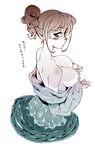  bad_id bad_pixiv_id bare_shoulders blush breasts hair_up highres kusanagi_tonbo large_breasts looking_at_viewer looking_back monochrome nipples original short_hair solo translation_request undressing 