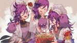  1girl 2boys apron banzoin_hakka bird blue_eyes brothers chef_hat closed_eyes colored_skin cooking cooking_pot earrings family fangs hair_between_eyes hakkabro_(banzoin_hakka) hakkito_(banzoin_hakka) hat holding holding_knife holostars holostars_english jewelry knife konoha_kairi laughing long_hair mother_and_son multiple_boys nontraditional_miko one_eye_closed open_mouth outline pink_background ponytail purple_hair siblings simple_background smile sparkle virtual_youtuber white_outline wooden_spoon 