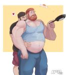  2boys absurdres avero_art bara beard big_belly biting blush bulge clothes_lift cooking couple egg_(food) facial_hair fat feet_out_of_frame flying food frying_pan full_beard hairy heart highres holding holding_frying_pan kiss large_pectorals lifted_by_another male_focus mature_male multiple_boys muscular muscular_male navel_hair neck_biting notice_lines orange_hair original pectoral_cleavage pectorals plump shirt_lift short_hair size_difference sparse_navel_hair spoken_heart stomach surprise_kiss surprised thick_beard thick_mustache undercut yaoi 