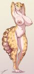 2023 anthro areola big_areola big_breasts big_tail black_sclera blue_eyes breasts brown_body brown_scales curvy_figure digital_drawing_(artwork) digital_media_(artwork) eublepharid eyelashes female gecko genitals hands_behind_head hb-viper hi_res huge_breasts leopard_gecko lizard long_tail looking_at_viewer multicolored_body multicolored_scales navel nipples nude pussy reptile scales scalie signature simple_background smile solo tail tan_body tan_scales thick_thighs voluptuous wide_hips yellow_body yellow_scales