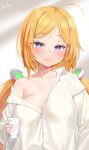 1girl absurdres ahoge aki_rosenthal blonde_hair blue_eyes blush breasts collared_shirt cup detached_hair dress_shirt harry_(dudwofla) highres holding holding_cup hololive large_breasts long_hair long_sleeves looking_at_viewer low_twintails naked_shirt no_bra off_shoulder open_clothes open_shirt parted_bangs seductive_smile shirt short_hair single_bare_shoulder smile solo twintails virtual_youtuber white_shirt wing_collar 