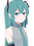  1girl bentou_(bentou_1) blue_eyes blue_hair blush collared_shirt detached_sleeves hatsune_miku highres long_hair looking_at_viewer necktie shirt sleeveless sleeveless_shirt smile solo two_side_up upper_body v-shaped_eyebrows vocaloid 