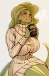 big_breasts breasts clothed clothing container cup digital_media_(artwork) female green_eyes green_hair hair hi_res holding_object narikusha reptile scalie simple_background snake solo surrex sweater tail topwear