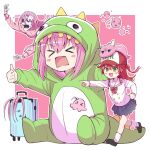  &gt;_&lt; 2girls :d black_skirt blue_eyes blush_stickers bocchi_the_rock! border bow cosplay cube_hair_ornament dinosaur_costume full_body gotoh_hitori gotoh_hitori_(ash) gotoh_hitori_(octopus) gotoh_hitori_(tsuchinoko) green_eyes hair_between_eyes hair_ornament hat hellfire00001 highres jitome kigurumi kita_ikuyo long_hair looking_afar miniskirt multiple_girls multiple_persona one_side_up open_mouth outstretched_arm parody peaked_cap pink_background pink_hair pleated_skirt pointing pointing_forward pokemon red_bow red_hair rolling_suitcase sailor_collar school_uniform serafuku sidelocks simple_background sitting skeleton skirt smile suitcase thumbs_up v-shaped_eyebrows white_border white_sailor_collar wide_shot 