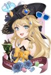  !? 1girl :d bare_shoulders black_headwear blonde_hair blue_eyes bow commentary_request earrings food genshin_impact hanoi highres jewelry long_hair looking_at_viewer macaron navia_(genshin_impact) open_mouth partial_commentary smile solo upper_body yellow_bow 