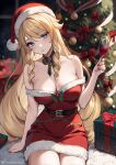  1girl bare_shoulders blonde_hair blue_eyes breasts christmas cleavage collarbone commentary_request dress drill_hair drill_sidelocks fur-trimmed_dress fur_trim genshin_impact hat helloimtea highres jewelry large_breasts long_hair looking_at_viewer navia_(genshin_impact) off-shoulder_dress off_shoulder red_headwear santa_dress santa_hat sidelocks solo very_long_hair 