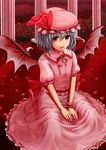  ameto bat_wings blood blood_on_face bloody_clothes blue_hair fangs field flower flower_field frills hat hat_ribbon highres long_skirt looking_at_viewer mob_cap on_floor open_mouth petals pink_skirt puffy_sleeves red_eyes red_flower red_rose remilia_scarlet ribbon rose rose_petals sash shirt short_hair sitting skirt skirt_set solo touhou wings wrist_cuffs 