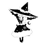 1girl blending chibi commentary crescent diamond_(shape) dot_mouth dress full_body hat looking_at_viewer monochrome no_nose orange_lore original signature snowflakes solo standing star_(symbol) witch witch_hat 