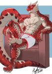 abs anthro biceps blue_eyes claws clothed clothing dragon feet hi_res horn lofnirv looking_at_viewer male muscular muscular_anthro muscular_male pecs red_body scalie simple_background sitting smile solo tail underwear underwear_only