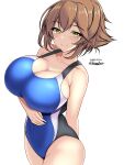  1girl blush breasts brown_hair competition_swimsuit cowboy_shot green_eyes headgear highres kantai_collection large_breasts looking_at_viewer montemasa mutsu_(kancolle) one-piece_swimsuit short_hair smile solo swimsuit 