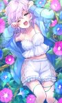  1girl arm_up bloomers cardigan crop_top flower hand_up highres kishinaito long_hair long_sleeves looking_at_viewer midriff morning_glory navel off_shoulder one_eye_closed open_mouth original pajamas plant purple_eyes purple_hair rubbing_eyes solo spaghetti_strap tearing_up vines waking_up yawning 