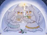  2girls :&gt; :3 an-chan_(ananna0315) animal_ears arctic_fox_(kemono_friends) berry blue_bow blue_bowtie blue_skirt blush boots bow bowtie candle capelet coat commission fox_ears fox_girl fox_tail fur_collar fur_trim gloves highres igloo kemono_friends long_hair long_sleeves looking_at_another mittens multiple_girls official_alternate_costume pantyhose pleated_skirt seiza sidelocks sitting skeb_commission skirt snow_shelter tail two-tone_skirt white_capelet white_coat white_footwear white_fur white_gloves white_hair white_mittens white_pantyhose white_skirt winter_clothes winter_coat yellow_bow yellow_bowtie yellow_eyes yellow_skirt 