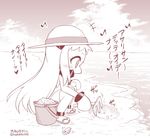  1girl artist_name beach blush bucket clam_digging commentary contemporary covered_mouth eighth_note hat hermit_crab holding horizon horns kantai_collection long_hair mittens monochrome musical_note northern_ocean_hime ocean sandals shinkaisei-kan signature solo squatting straw_hat translated twitter_username yamato_nadeshiko 