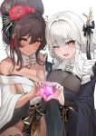  2girls 777_(nikke) bare_shoulders black_kimono blanc_(nikke) blanc_(white_rabbit)_(nikke) blush bodystocking breast_press breasts brown_hair dark_skin frills fur_collar goddess_of_victory:_nikke hair_ornament hairpin hatenoga heart heart_hands heart_hands_duo highleg japanese_clothes kimono large_breasts looking_at_viewer multiple_girls nail_polish noir_(black_rabbit)_(nikke) noir_(nikke) obi official_alternate_costume one_eye_closed sash shy siblings sisters skindentation thighhighs white_hair yellow_eyes 