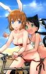  :d animal_ears aohashi_ame bicycle bikini black_hair blue_eyes blue_sky breasts bunny_ears cat_ears cat_tail charlotte_e_yeager cleavage cloud collarbone day fang francesca_lucchini green_eyes ground_vehicle highres long_hair looking_at_another medium_breasts multiple_girls multiple_riders navel open_mouth orange_hair pointing red_bikini ribbon riding sky smile strike_witches swimsuit tail twintails wardrobe_malfunction white_ribbon world_witches_series 