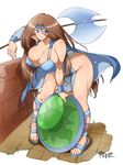  axe blue_eyes blue_headband breasts brown_hair cape diane_(monster_maker) headband highres huge_breasts long_hair misasagi_tasuku monster_maker sandals shield solo very_long_hair weapon 