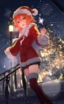  1girl ahoge black_shorts boots breasts christmas_tree dress fate/grand_order fate_(series) fomnant fujimaru_ritsuka_(female) fur-trimmed_dress fur-trimmed_headwear fur_trim hat highres looking_at_viewer open_mouth orange_eyes orange_hair red_dress red_footwear red_headwear santa_costume santa_dress santa_hat short_hair shorts small_breasts smile solo thigh_boots 