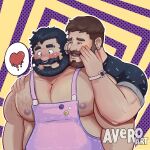  2boys apron avero_art bara bare_pectorals beard behind_another belly black_hair brown_hair couple facial_hair full_beard furrowed_brow hand_on_another&#039;s_shoulder heart highres large_pectorals male_focus mature_male melting_heart multiple_boys muscular muscular_male nipples nose_piercing nose_ring o_o original pectorals piercing pink_apron plump seductive_smile short_hair smile spoken_heart thick_beard thick_eyebrows thick_mustache upper_body whispering yaoi 