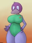 3:4 absurd_res anatid anseriform anthro avian big_breasts bird breasts clothing digital_media_(artwork) duck female gradient_background green_clothing hi_res humanoid lavender_body looking_at_viewer lucky_(obsuniq) machine obsuniq purple_body robot robot_humanoid simple_background smile smirk solo standing