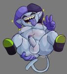 balls belly bodily_fluids deltarune erection genitals glans grey_background humanoid humanoid_genitalia humanoid_penis humanoid_pointy_ears imp jevil_(deltarune) locitony male moobs not_furry overweight overweight_humanoid overweight_male penis purple_tongue simple_background solo sweat teeth tongue undertale_(series)