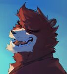  1boy absurdres animal_ears bakemono_no_ko bara bear_boy bear_ears blue_sky closed_eyes facing_viewer fangs furry furry_male highres kumatetsu looking_back male_focus open_mouth pluto_(pu94_d1de4c) red_shirt shirt sky smile upper_body 