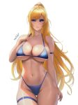  1girl arm_strap bikini blonde_hair blue_bikini blue_eyes breasts closed_mouth collarbone cowboy_shot curvy feikyart groin high_ponytail highleg highleg_swimsuit highres large_breasts long_hair looking_at_viewer metroid navel ponytail samus_aran signature simple_background skindentation solo stomach swimsuit thigh_gap thigh_strap very_long_hair white_background 