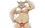 2023 anthro armpit_hair asian_clothing belly body_hair brown_body bulge clothing east_asian_clothing fundoshi hi_res japanese_clothing kemono male mammal moobs navel nipples oogamikennta overweight overweight_male red_clothing red_fundoshi red_underwear simple_background solo suid suina sus_(pig) underwear white_background wild_boar