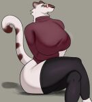 anthro beauty_mark bodily_fluids clothed clothing curvy_figure eyewear felid female fully_clothed fur glasses hi_res legwear mammal pantherine raised_tail sijimmy456 sitting solo sweat sweater tail thick_thighs thigh_highs topwear turtleneck voluptuous voluptuous_female white_body white_fur